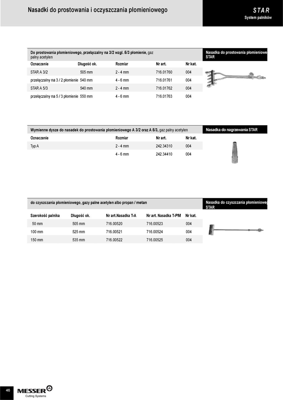 01763 004 Nasadka do prostowania płomieniowego Wymienne dysze do nasadek do prostowania płomieniowego A 3/2 oraz A 5/3, gaz palny acetylen Oznaczenie Rozmiar Nr art. Typ A 2-4 mm 242.
