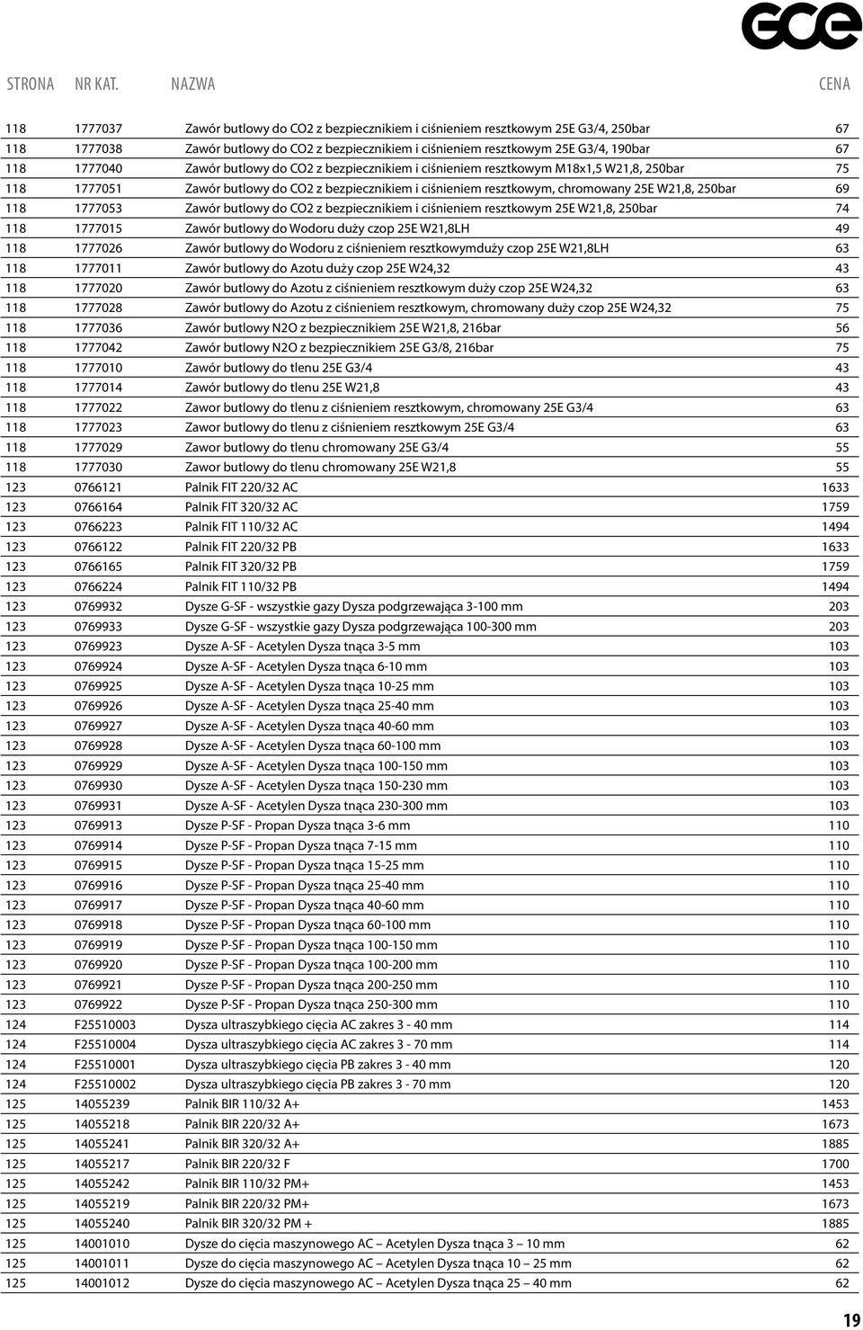 1777053 Zawór butlowy do CO2 z bezpiecznikiem i ciśnieniem resztkowym 25E W21,8, 250bar 74 118 1777015 Zawór butlowy do Wodoru duży czop 25E W21,8LH 49 118 1777026 Zawór butlowy do Wodoru z