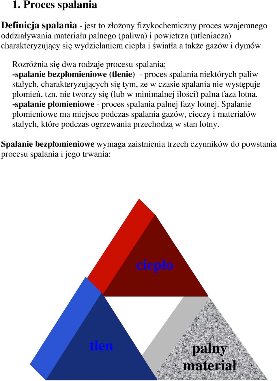 RozróŜnia się dwa rodzaje procesu spalania: -spalanie bezpłomieniowe (tlenie) - proces spalania niektórych paliw stałych, charakteryzujących się tym, ze w czasie spalania nie występuje płomień, tzn.