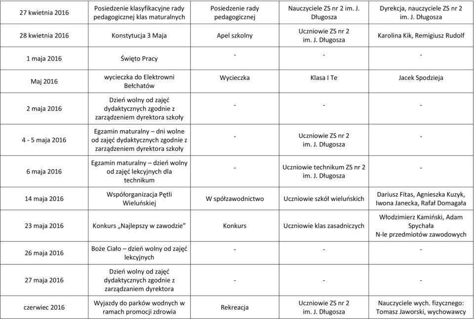 dydaktycznych zgodnie z zarządzeniem dyrektora szkoły Wycieczka Klasa I Te Jacek Spodzieja 4 5 maja 2016 Egzamin maturalny dni wolne od zajęć dydaktycznych zgodnie z zarządzeniem dyrektora szkoły 6