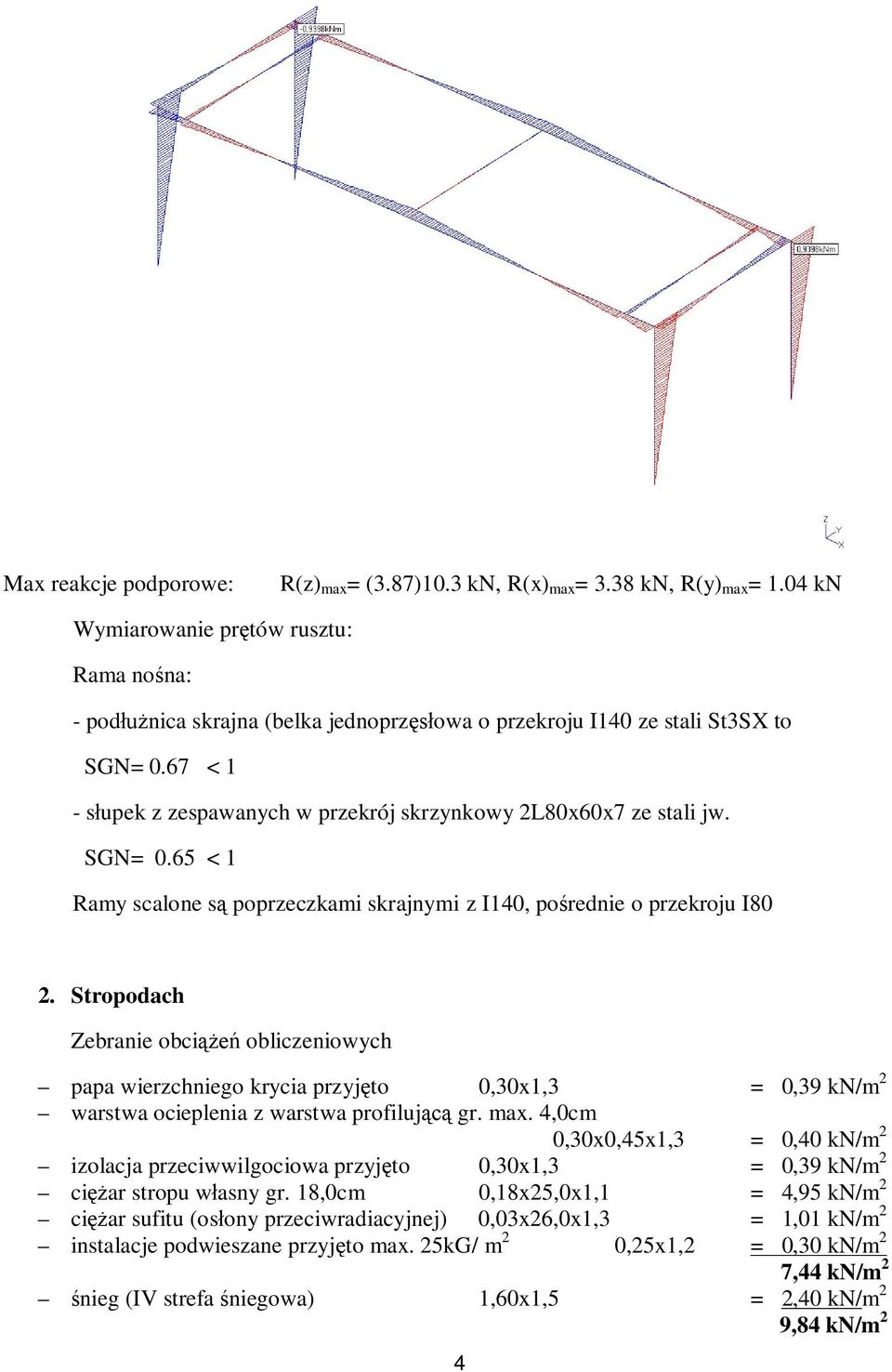 67 < 1 - s upek z zespawanych w przekrój skrzynkowy 2L80x60x7 ze stali jw. SGN= 0.65 < 1 Ramy scalone s poprzeczkami skrajnymi z I140, po rednie o przekroju I80 2.