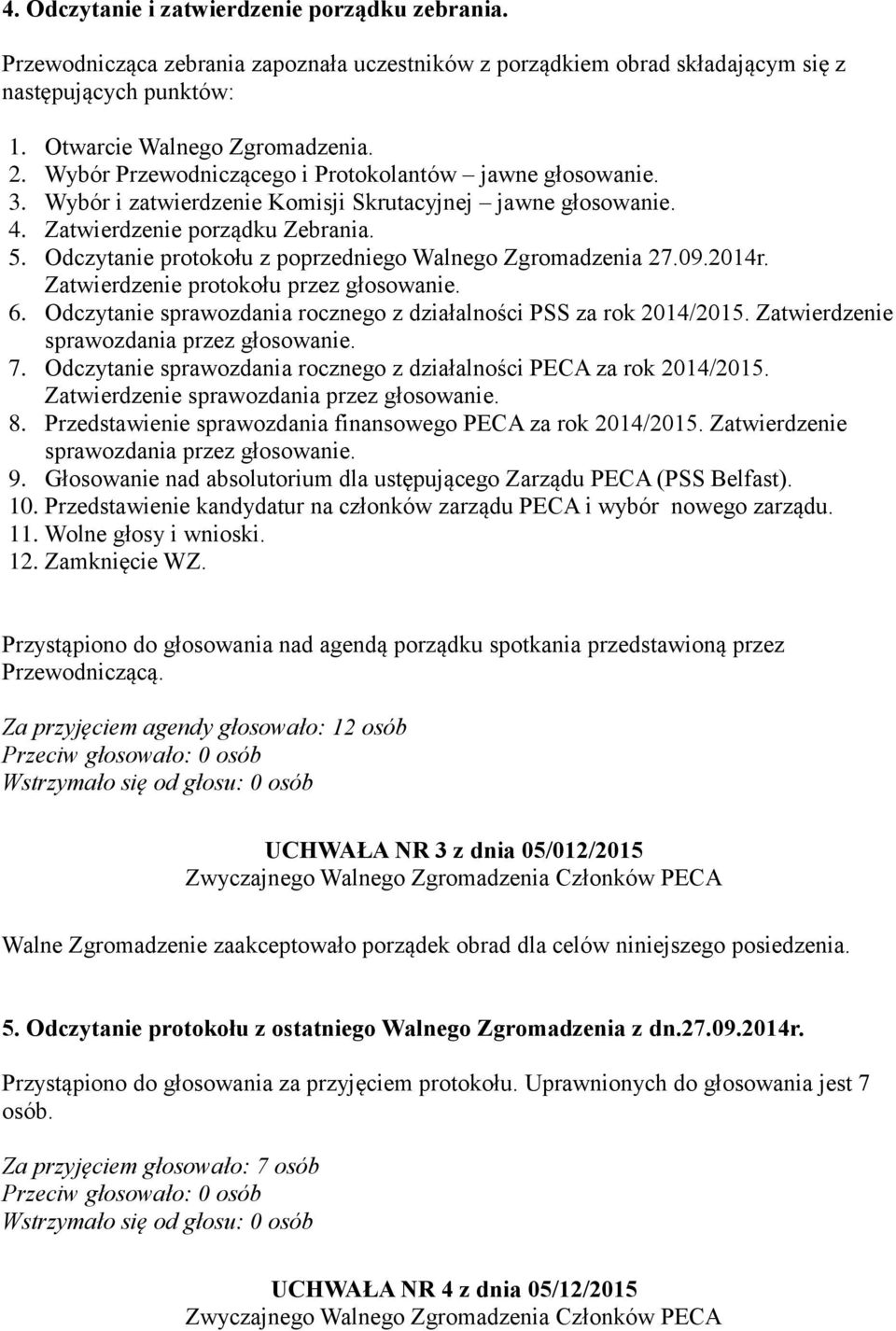 Odczytanie protokołu z poprzedniego Walnego Zgromadzenia 27.09.2014r. Zatwierdzenie protokołu przez głosowanie. 6. Odczytanie sprawozdania rocznego z działalności PSS za rok 2014/2015.
