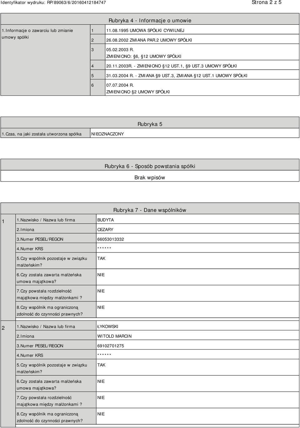 Czas, na jaki została utworzona spółka OZNACZONY Rubryka 6 - Sposób powstania spółki 1 1.Nazwisko / Nazwa lub firma BUDYTA Rubryka 7 - Dane wspólników CEZARY 3.Numer PESEL/REGON 66053013332 4.