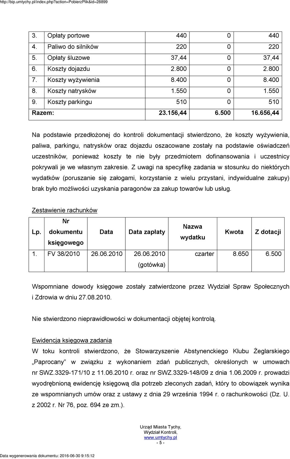 656,44 Na podstawie przedłożonej do kontroli dokumentacji stwierdzono, że koszty wyżywienia, paliwa, parkingu, natrysków oraz dojazdu oszacowane zostały na podstawie oświadczeń uczestników, ponieważ