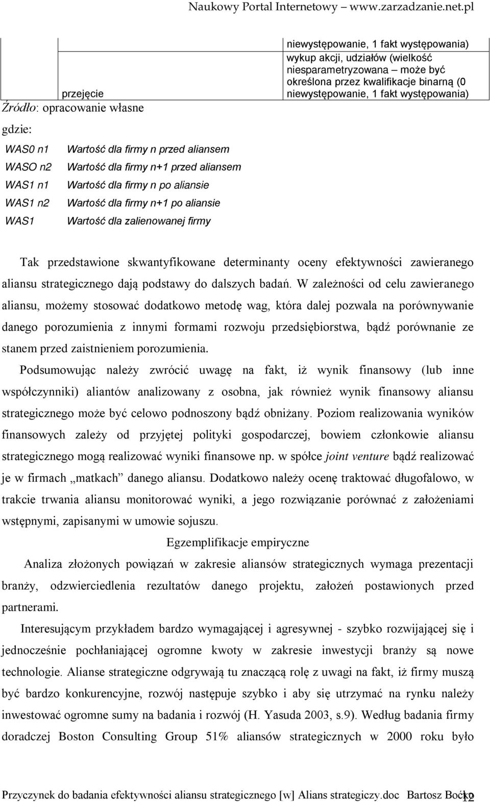 niewystępowanie, 1 fakt występowania) Tak przedstawione skwantyfikowane determinanty oceny efektywności zawieranego aliansu strategicznego dają podstawy do dalszych badań.