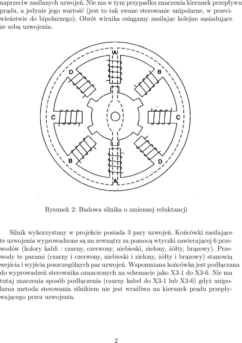 Końcówki zasilajace te uzwojenia wyprowadzone sa na zewnatrz za pomoca wtyczki zawierajacej 6 przewodów (kolory kabli : czarny, czerwony, niebieski, zielony, żółty, brazowy).