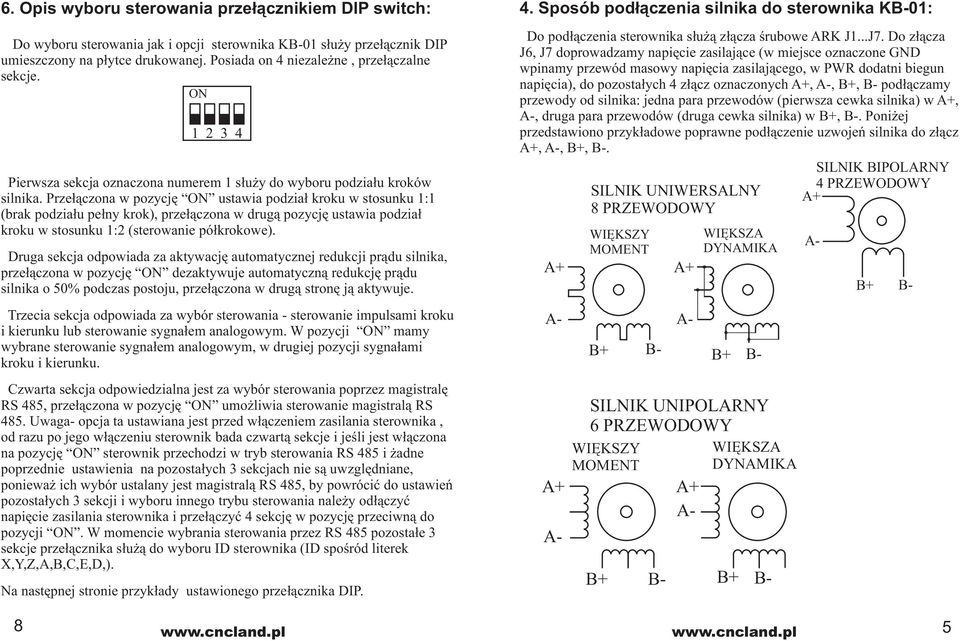 Przełączona w pozycję ustawia podział kroku w stosunku 1:1 (brak podziału pełny krok), przełączona w drugą pozycję ustawia podział kroku w stosunku 1:2 (sterowanie półkrokowe).