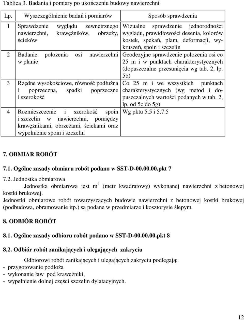 równość podłuŝna i poprzeczna, spadki poprzeczne i szerokość 4 Rozmieszczenie i szerokość spoin i szczelin w nawierzchni, pomiędzy krawęŝnikami, obrzeŝami, ściekami oraz wypełnienie spoin i szczelin