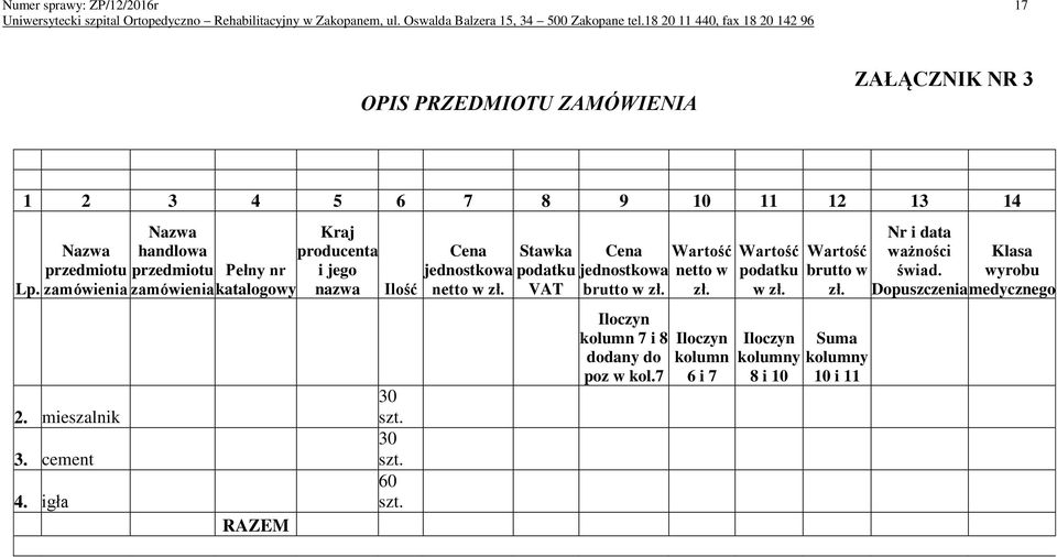 Cena jednostkowa netto w zł. Stawka podatku VAT Cena jednostkowa brutto w zł. Iloczyn kolumn 7 i 8 dodany do poz w kol.7 Wartość netto w zł.