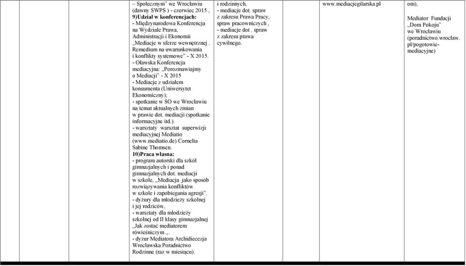 - Oławska Konferencja mediacyjna: Porozmawiajmy o - X 2015 - Mediacje z udziałem konsumenta (Uniwersytet Ekonomiczny); - spotkanie w SO na temat aktualnych zmian w prawie dot.