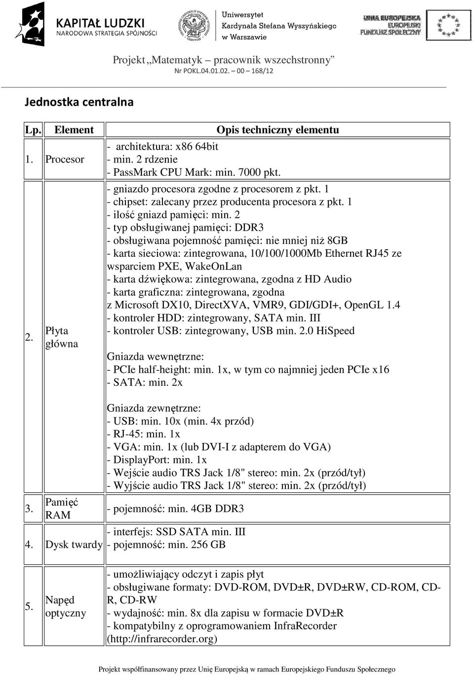 2 - typ obsługiwanej pamięci: DDR3 - obsługiwana pojemność pamięci: nie mniej niż 8GB - karta sieciowa: zintegrowana, 10/100/1000Mb Ethernet RJ45 ze wsparciem PXE, WakeOnLan - karta dźwiękowa: