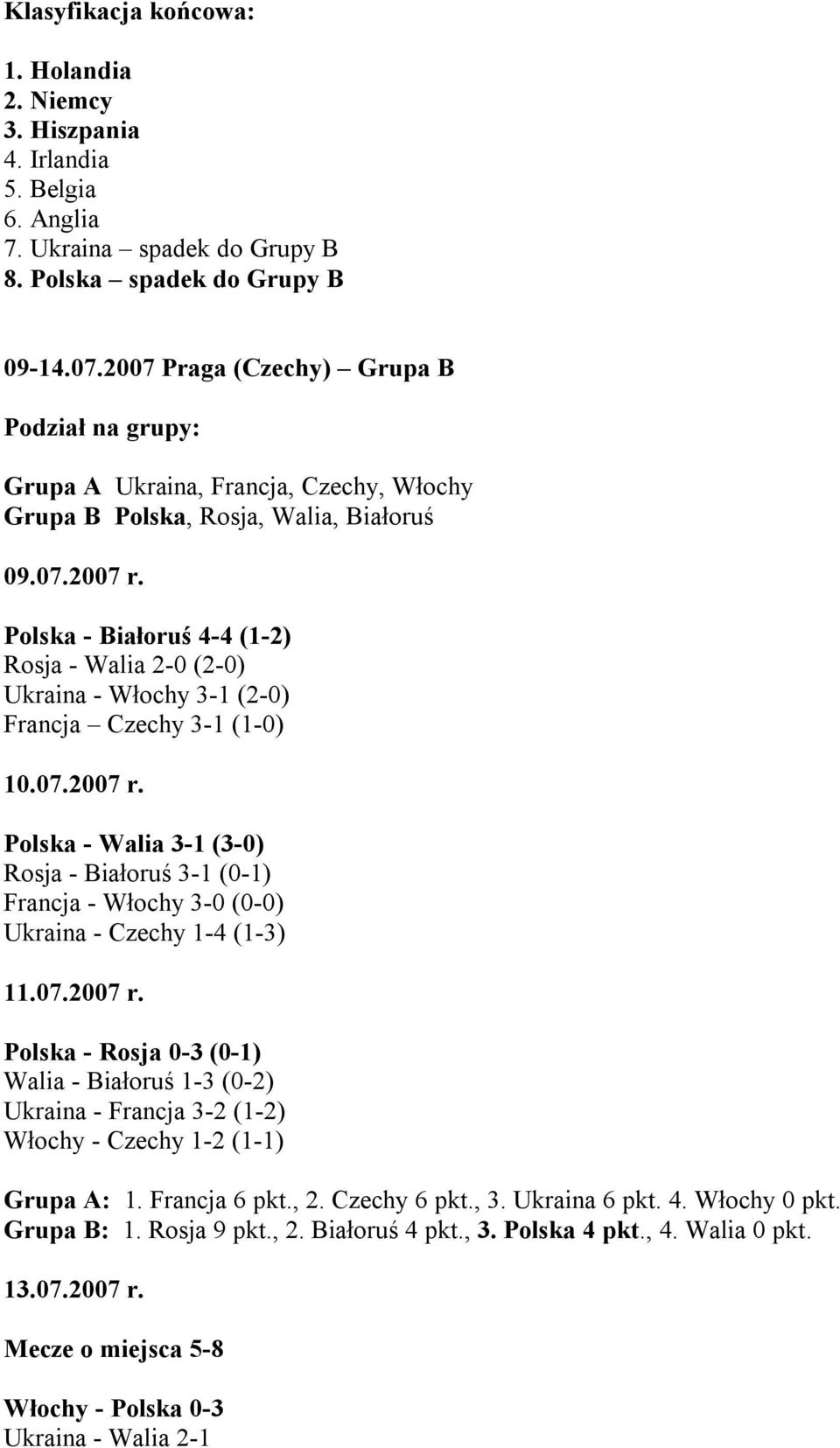 Polska - Białoruś 4-4 (1-2) Rosja - Walia 2-0 (2-0) Ukraina - Włochy 3-1 (2-0) Francja Czechy 3-1 (1-0) 10.07.2007 r.