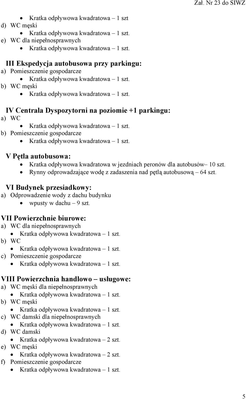 Rynny odprowadzające wodę z zadaszenia nad pętlą autobusową 64 szt. VI Budynek przesiadkowy: a) Odprowadzenie wody z dachu budynku wpusty w dachu 9 szt.
