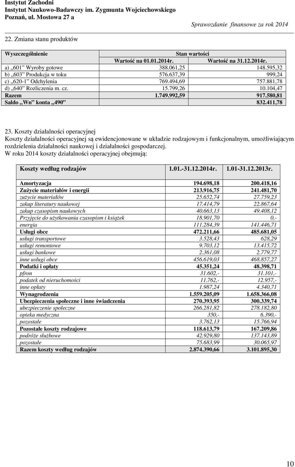 Koszty działalności operacyjnej Koszty działalności operacyjnej są ewidencjonowane w układzie rodzajowym i funkcjonalnym, umożliwiającym rozdzielenia działalności naukowej i działalności gospodarczej.