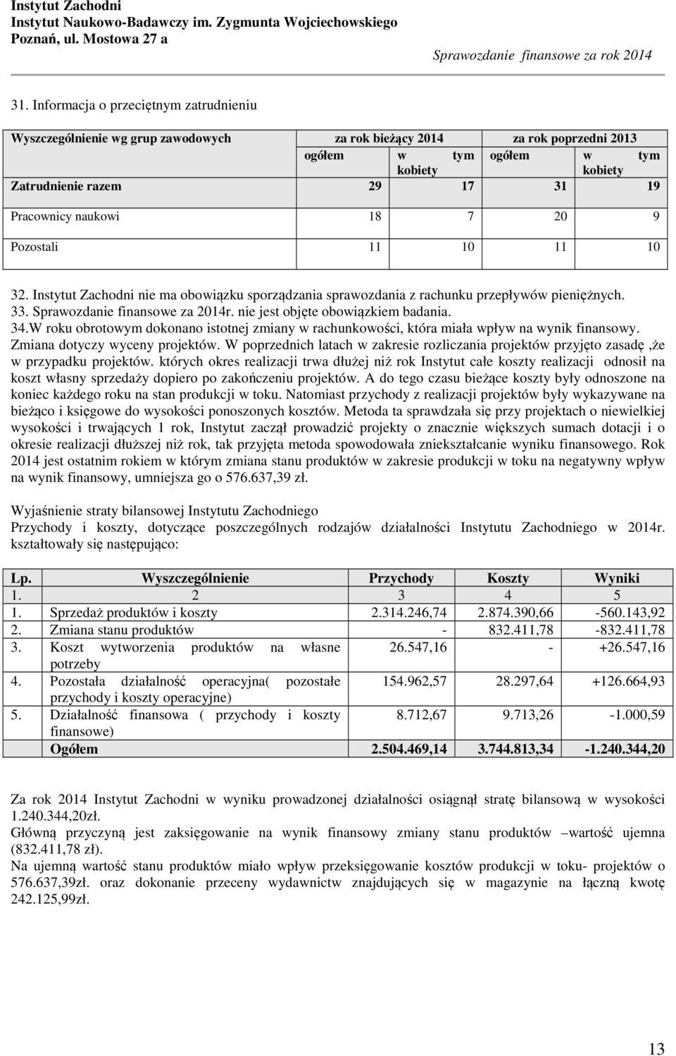 9 Pozostali 11 10 11 10 32. Instytut Zachodni nie ma obowiązku sporządzania sprawozdania z rachunku przepływów pieniężnych. 33. Sprawozdanie finansowe za 2014r. nie jest objęte obowiązkiem badania.