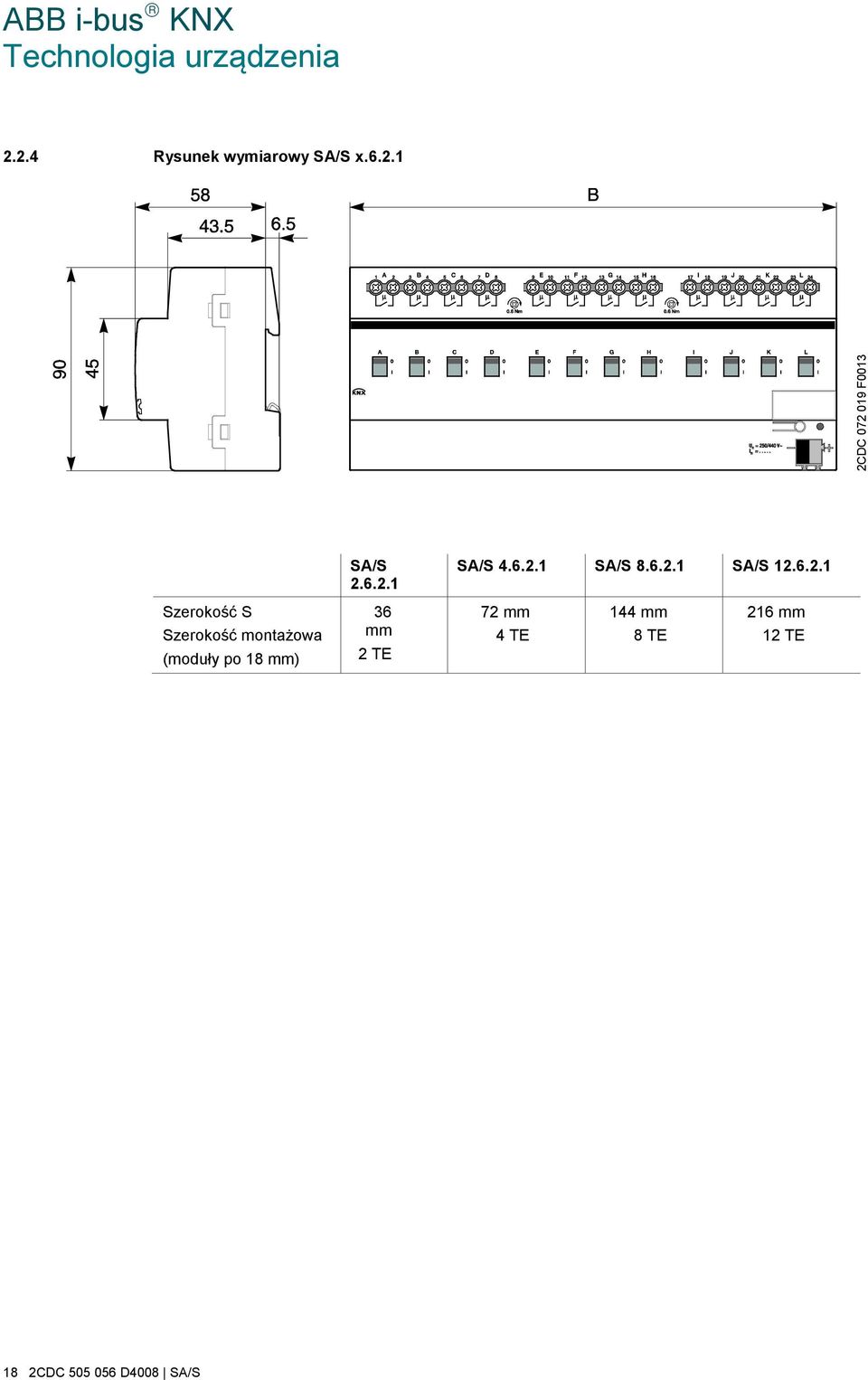 Szerokość montażowa (moduły po 18 mm) 36 mm 2 TE 72 mm 4 TE 144