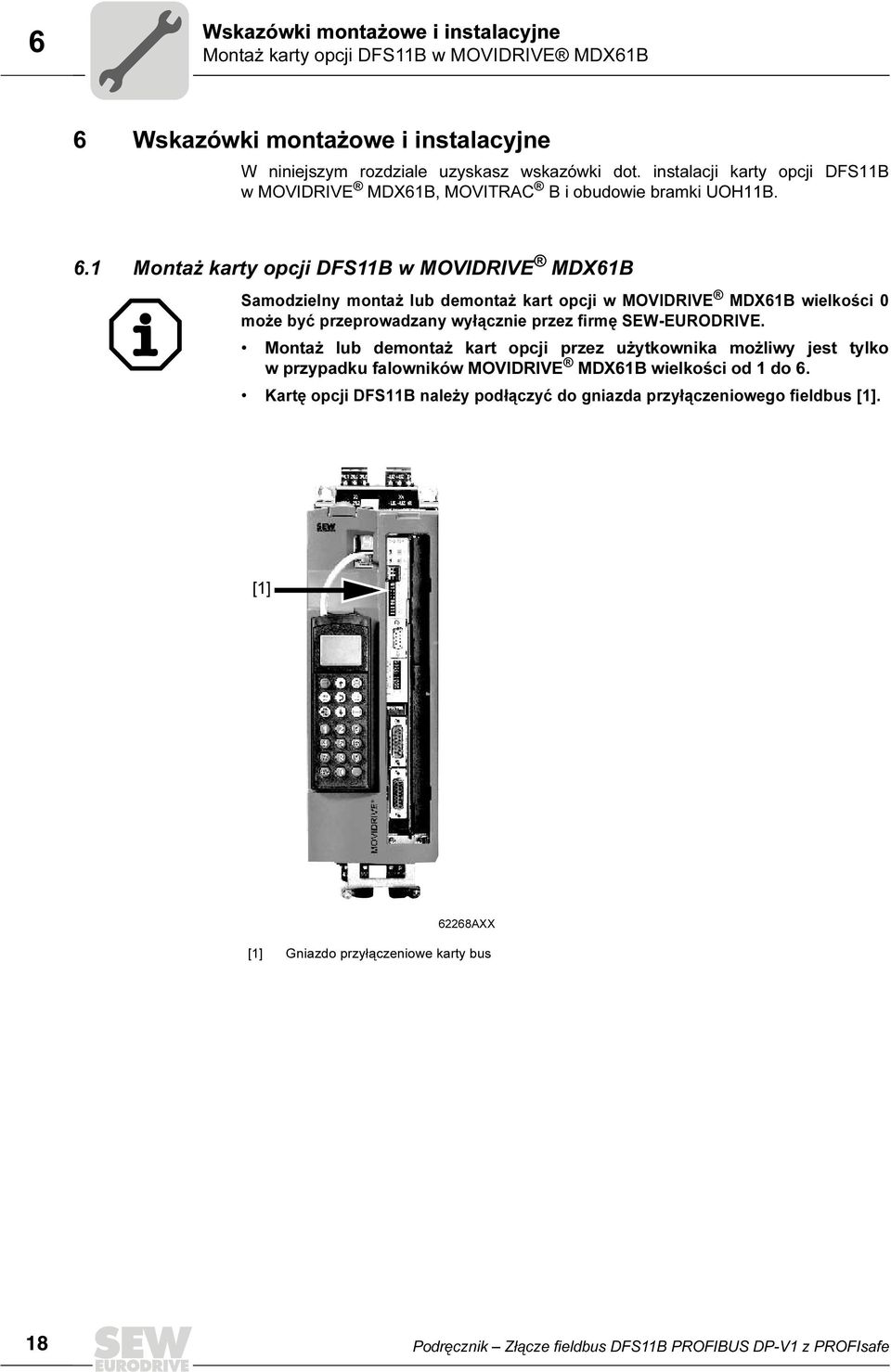 1 Montaż karty opcji DFS11B w MOVDRVE MDX61B Samodzielny montaż lub demontaż kart opcji w MOVDRVE MDX61B wielkości może być przeprowadzany wyłącznie przez firmę SEW-EURODRVE.