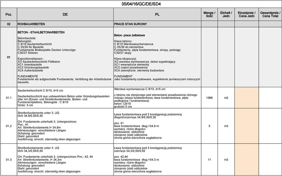 podciągi C30/37 słupy Klasa ekspozycji: XO warstwa wyrównawcza, beton wypełniający XC1 wewnętrzne elementy XC2 części posadowienia XC4 zewnętrzne.