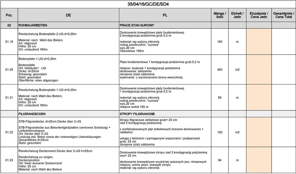 0,2 m miejsce: budynek 1 kondygnacja podziemna deskowanie: oddzielnie 493 m2 01.21 Randschalung Bodenplatte 1.