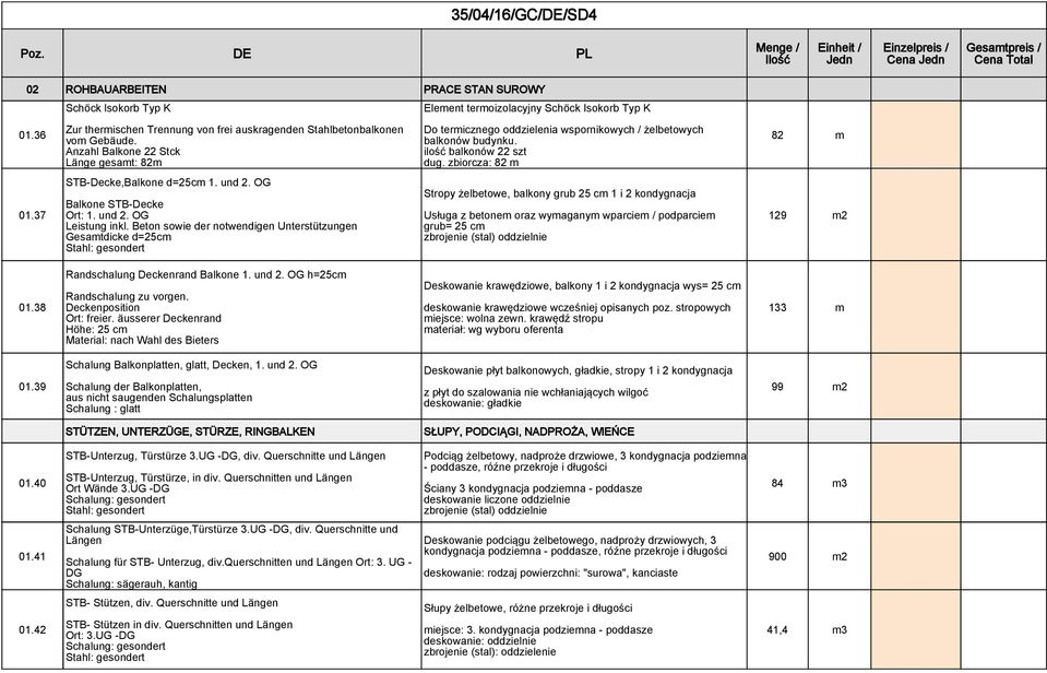und 2. OG Balkone STB-Decke Ort: 1. und 2. OG Stropy żelbetowe, balkony grub 25 cm 1 i 2 kondygnacja Usługa z betonem oraz wymaganym wparciem / podparciem grub= 25 cm 129 m2 01.