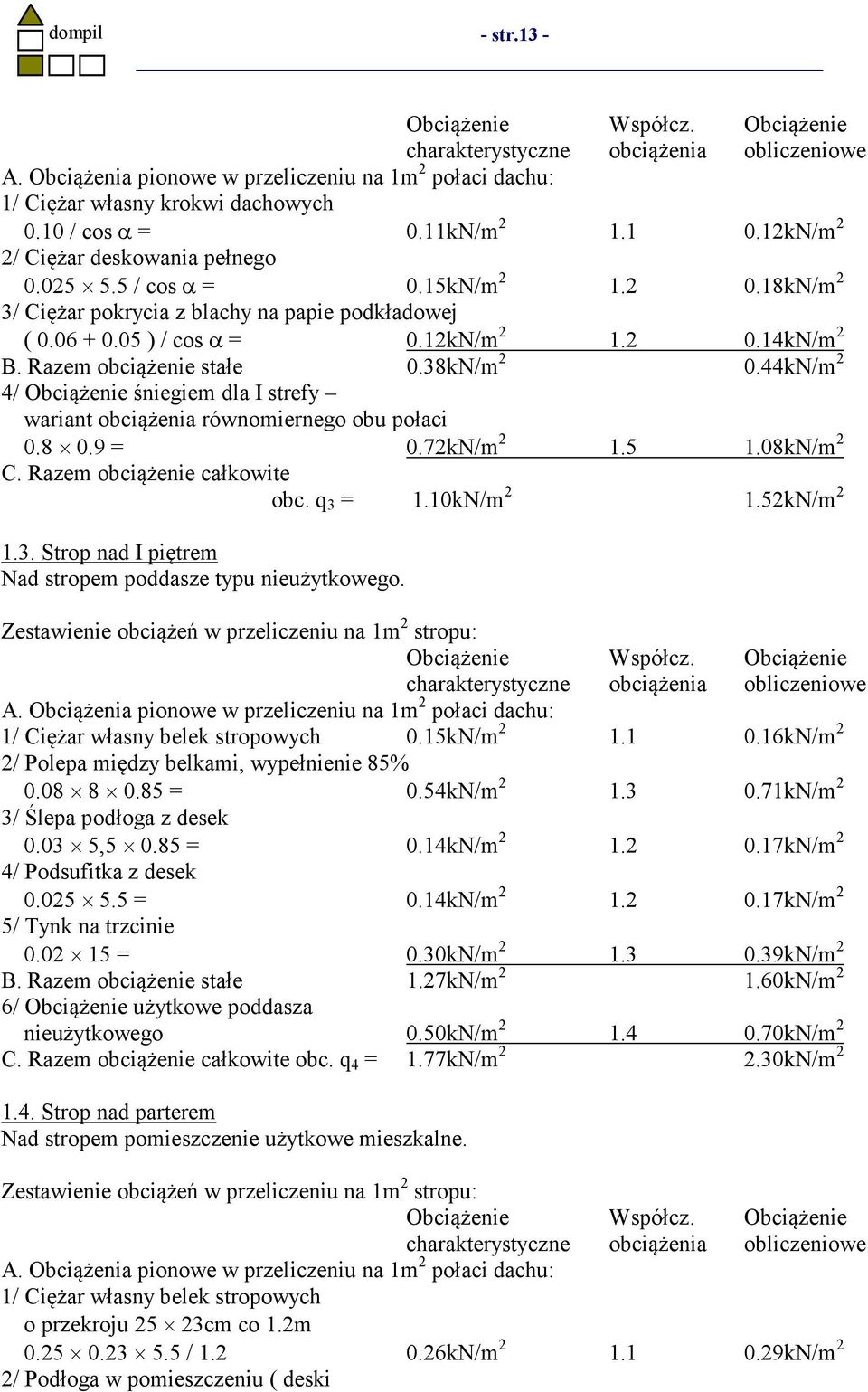 44kN/m 2 4/ Obciążenie śniegiem dla I strefy wariant obciążenia równomiernego obu połaci 0.8 0.9 = 0.72kN/m 2 1.5 1.08kN/m 2 C. Razem obciążenie całkowite obc. q 3 