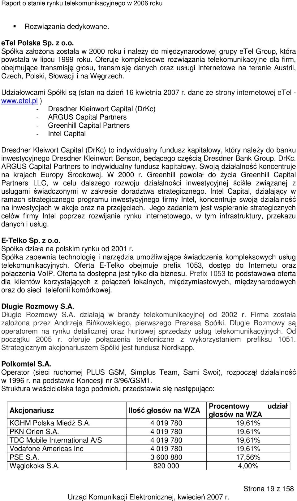 Udziałowcami Spółki są (stan na dzień 16 kwietnia 2007 r. dane ze strony internetowej etel 