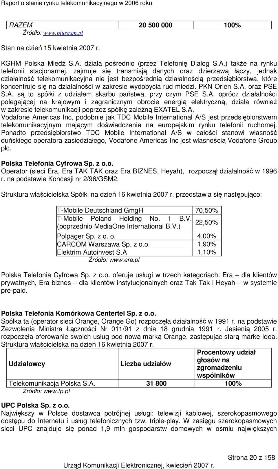 miedzi. PKN Orlen S.A. oraz PSE S.A. są to spółki z udziałem skarbu państwa, przy czym PSE S.A. oprócz działalności polegającej na krajowym i zagranicznym obrocie energią elektryczną, działa równieŝ w zakresie telekomunikacji poprzez spółkę zaleŝną EXATEL S.