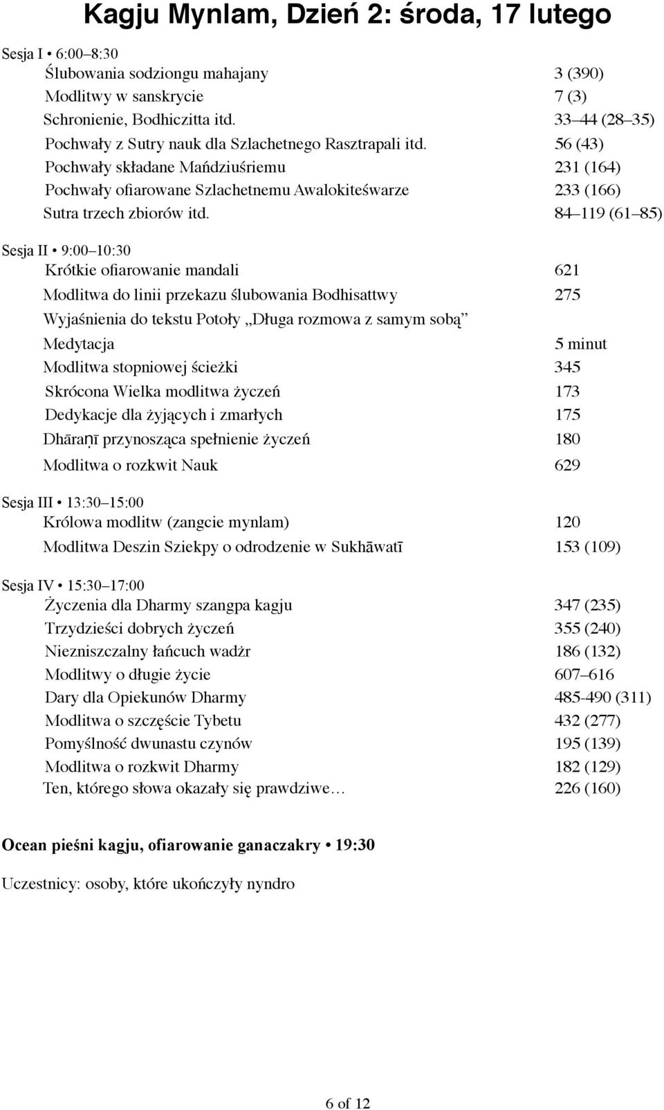 84 119 (61 85) Sesja II 9:00 10:30 Krótkie ofiarowanie mandali 621 Modlitwa do linii przekazu ślubowania Bodhisattwy 275 Wyjaśnienia do tekstu Potoły Długa rozmowa z samym sobą Medytacja 5 minut