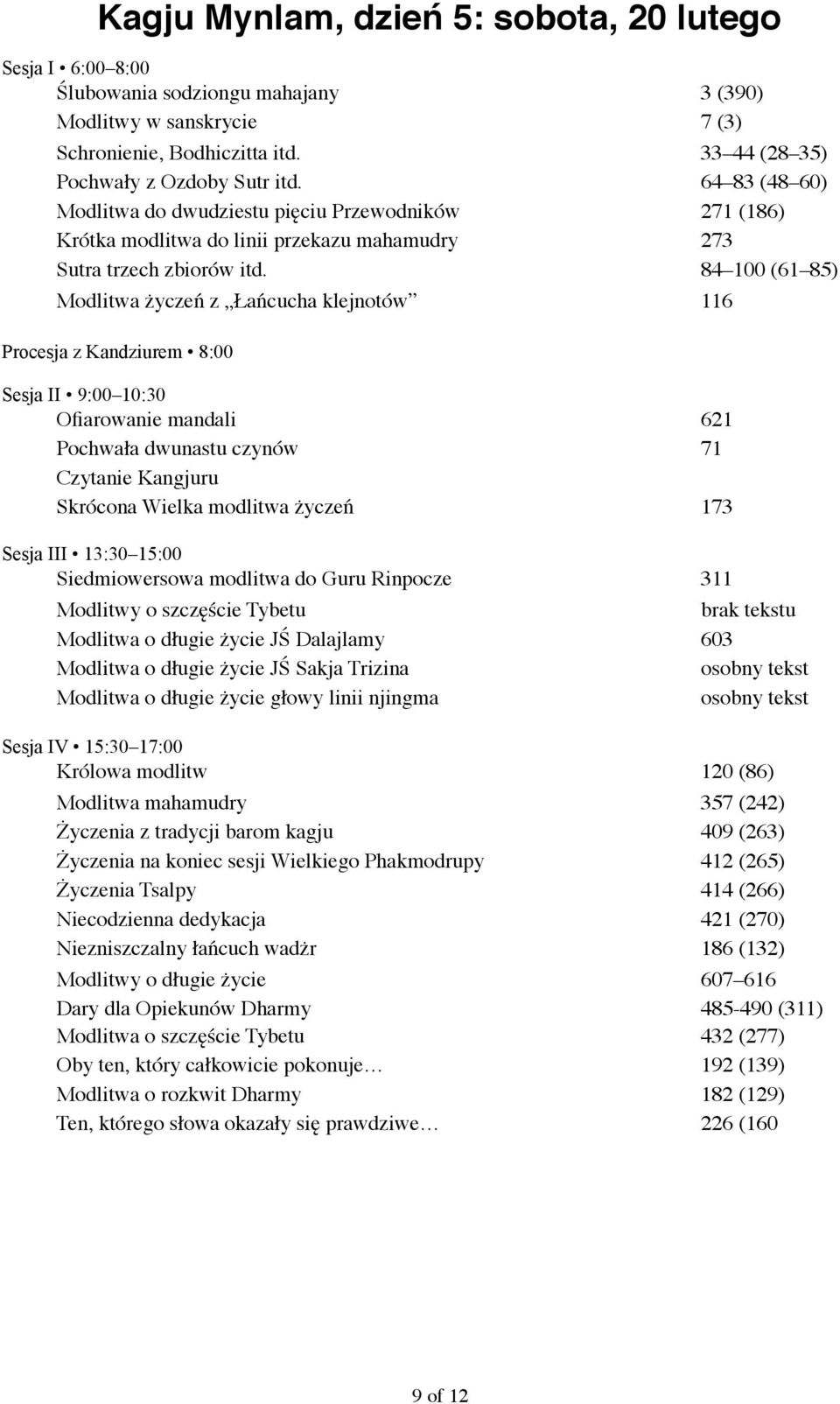 84 100 (61 85) Modlitwa życzeń z Łańcucha klejnotów 116 Procesja z Kandziurem 8:00 Sesja II 9:00 10:30 Ofiarowanie mandali 621 Pochwała dwunastu czynów 71 Czytanie Kangjuru Skrócona Wielka modlitwa