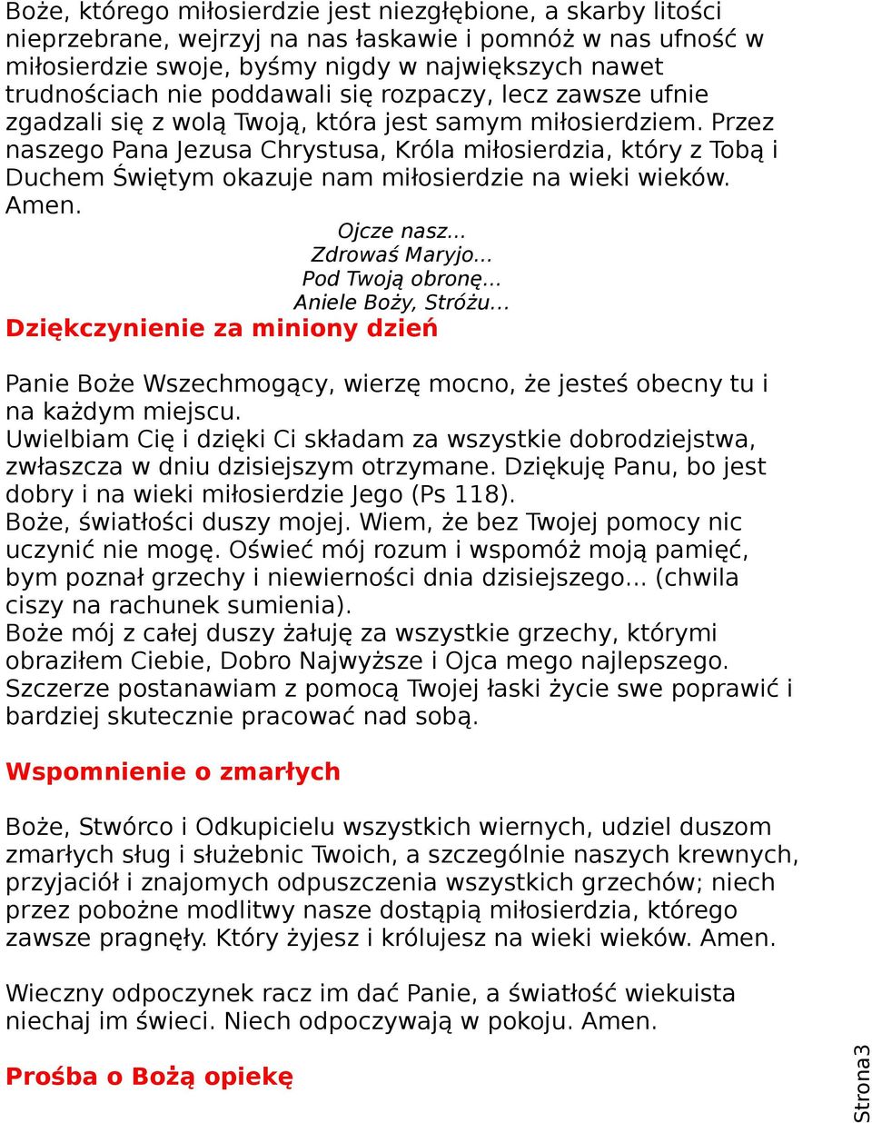 Przez naszego Pana Jezusa Chrystusa, Króla miłosierdzia, który z Tobą i Duchem Świętym okazuje nam miłosierdzie na wieki wieków. Amen. Ojcze nasz... Zdrowaś Maryjo... Pod Twoją obronę.