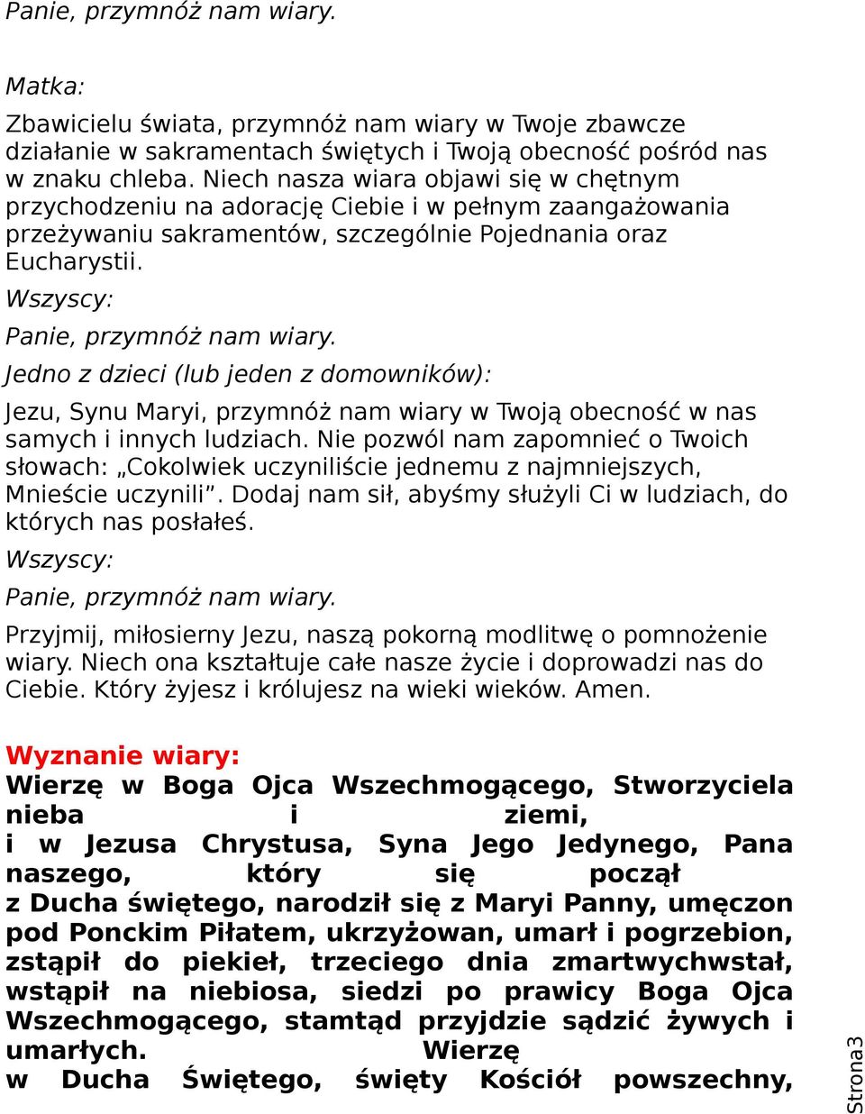 Jedno z dzieci (lub jeden z domowników): Jezu, Synu Maryi, przymnóż nam wiary w Twoją obecność w nas samych i innych ludziach.