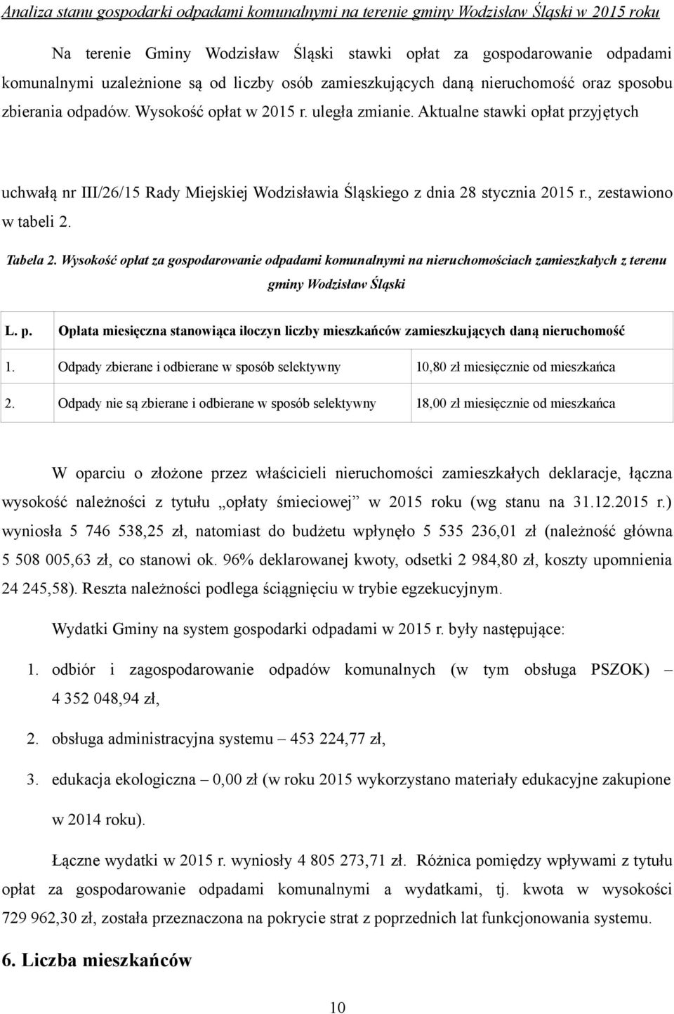 Wysokość opłat za gospodarowanie odpadami komunalnymi na nieruchomościach zamieszkałych z terenu gminy Wodzisław Śląski L. p.