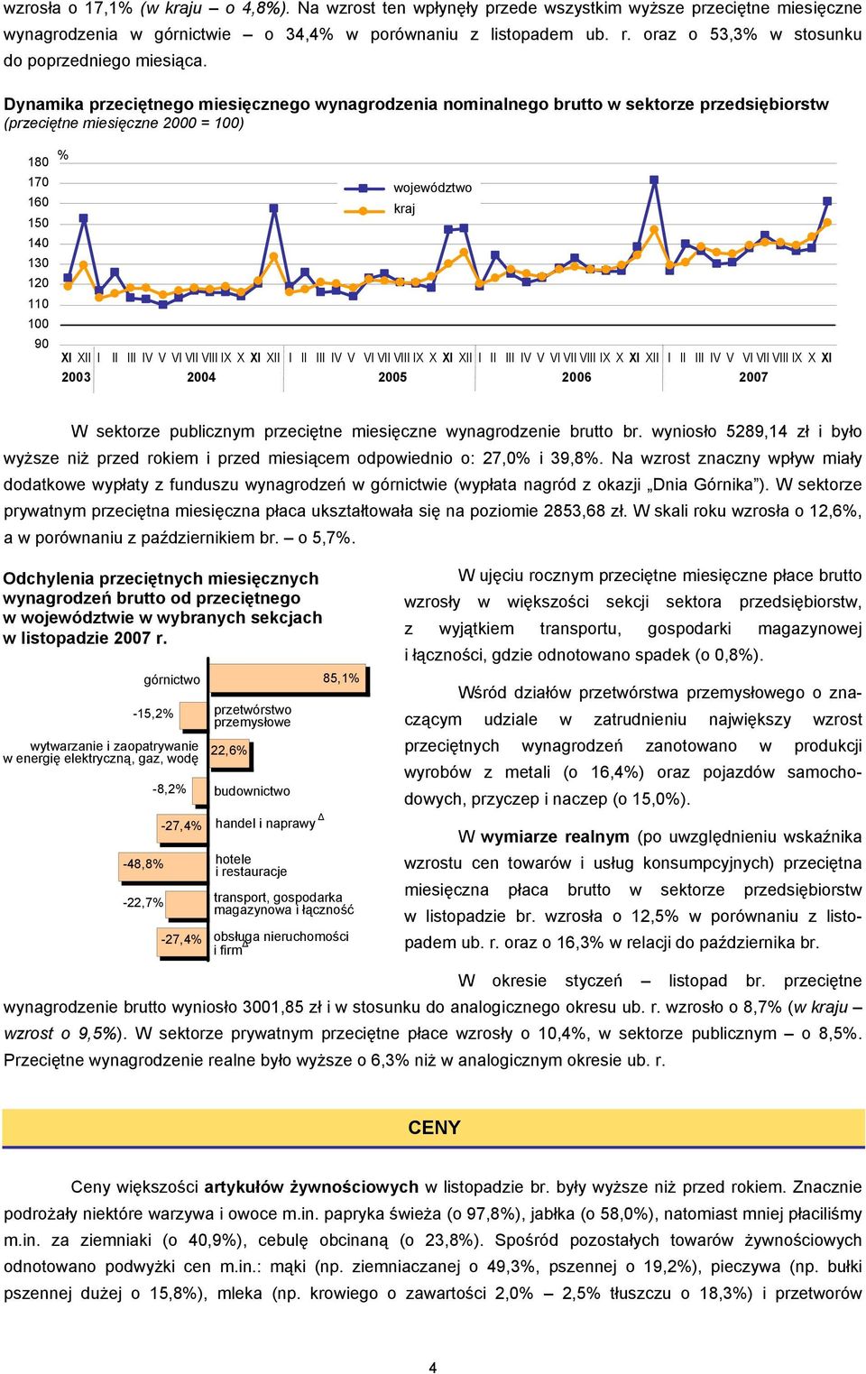 Dynamika przeciętnego miesięcznego wynagrodzenia nominalnego brutto w sektorze przedsiębiorstw (przeciętne miesięczne 2000 = 100) 180 170 160 150 140 130 120 110 100 90 % XI XII I II III IV V VI VII