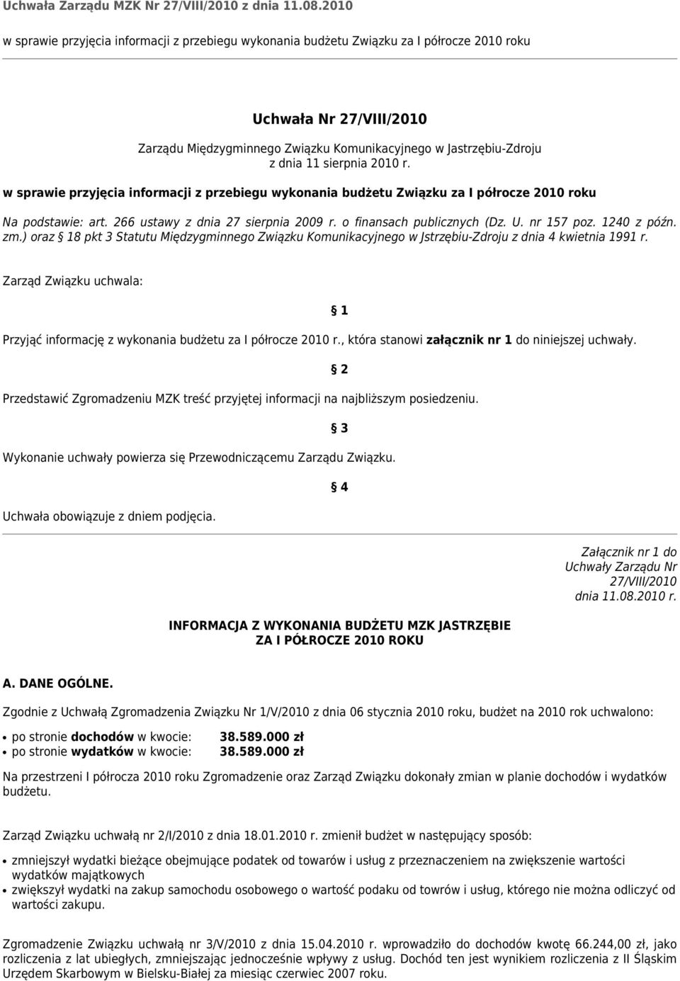 sierpnia 2010 r. w sprawie przyjęcia informacji z przebiegu wykonania budżetu Związku za I półrocze 2010 roku Na podstawie: art. 266 ustawy z dnia 27 sierpnia 2009 r. o finansach publicznych (Dz. U.