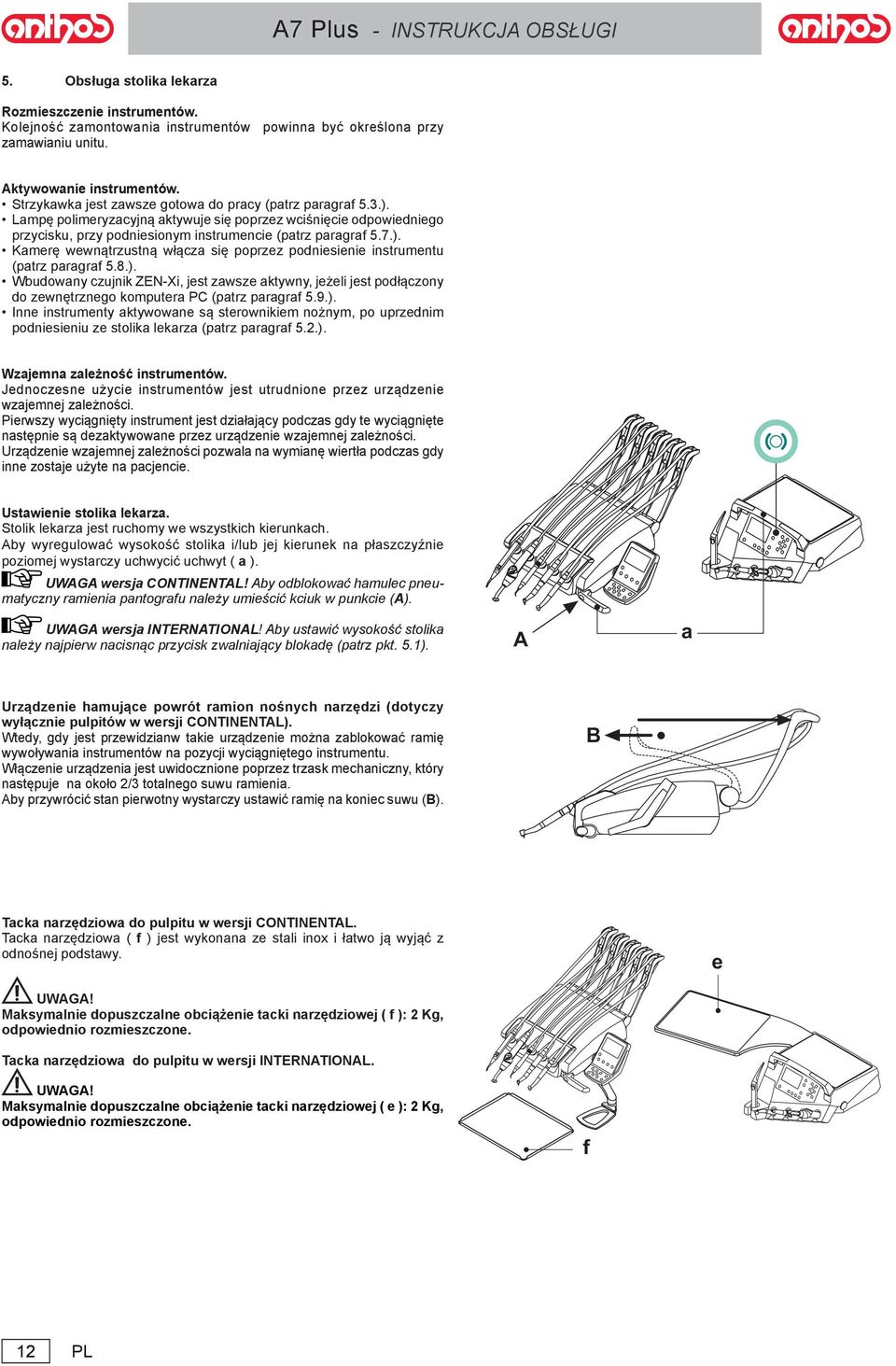 8.). Wbudowany czujnik ZEN-Xi, jest zawsze aktywny, jeżeli jest podłączony do zewnętrznego komputera PC (patrz paragraf 5.9.). Inne instrumenty aktywowane są sterownikiem nożnym, po uprzednim podniesieniu ze stolika lekarza (patrz paragraf 5.