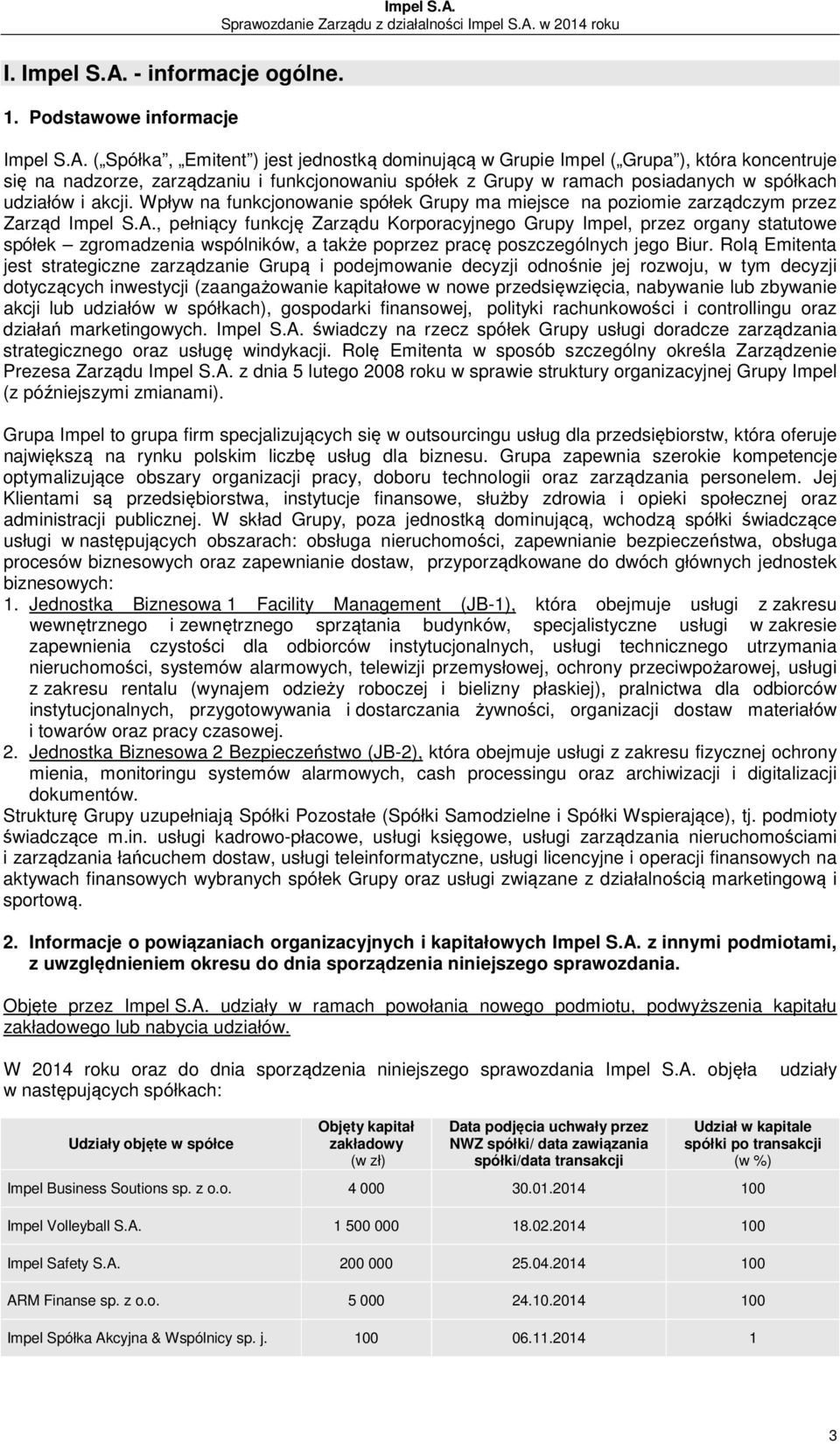 ( Spółka, Emitent ) jest jednostką dominującą w Grupie Impel ( Grupa ), która koncentruje się na nadzorze, zarządzaniu i funkcjonowaniu spółek z Grupy w ramach posiadanych w spółkach udziałów i akcji.