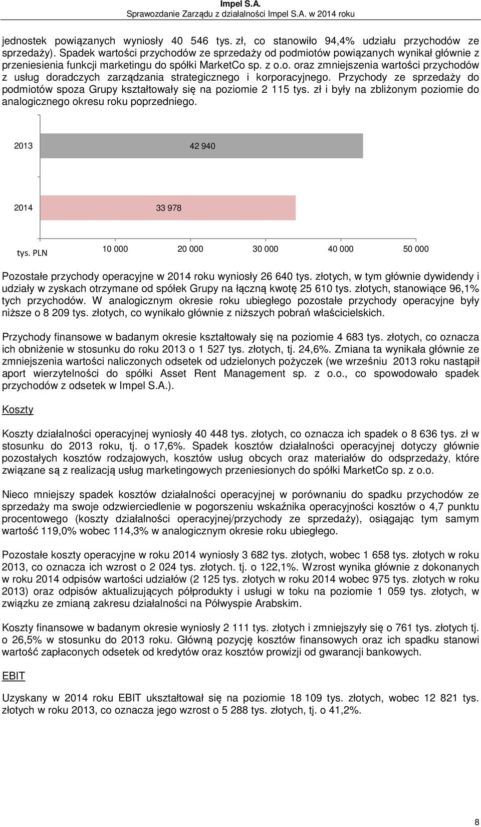 Przychody ze sprzedaży do podmiotów spoza Grupy kształtowały się na poziomie 2 115 tys. zł i były na zbliżonym poziomie do analogicznego okresu roku poprzedniego. 2013 42 940 2014 33 978 tys.
