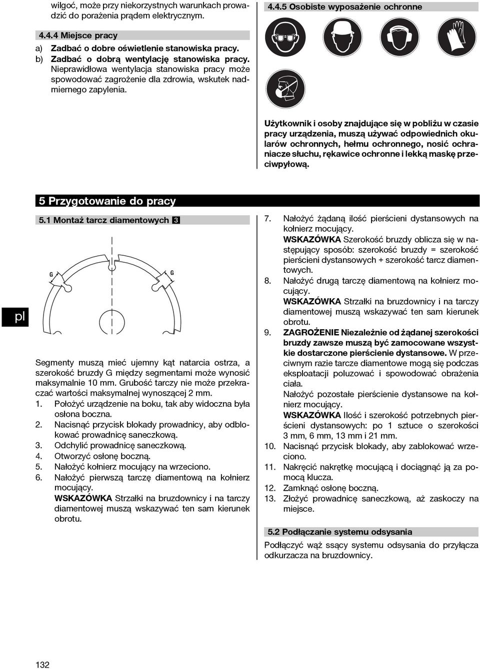 Użytkownik i osoby znajdujące się w pobliżu w czasie pracy urządzenia, muszą używać odpowiednich okularów ochronnych, hełmu ochronnego, nosić ochraniacze słuchu, rękawice ochronne i lekką maskę