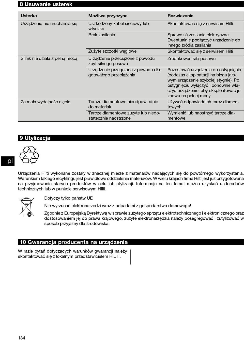 Ewentualnie podłączyć urządzenie do innego źródła zasilania Zużyte szczotki węglowe Skontaktować się z serwisem Hilti Silnikniedziałazpełnąmocą Urządzenieprzeciążonezpowodu Zredukować siłę posuwu