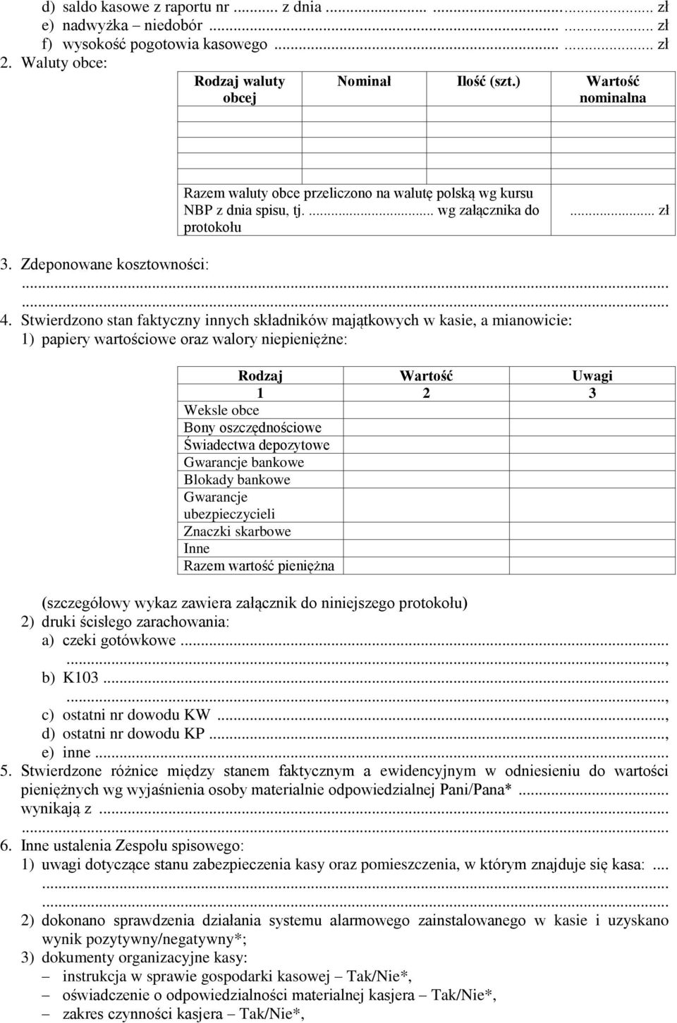 Stwierdzono stan faktyczny innych składników majątkowych w kasie, a mianowicie: 1) papiery wartościowe oraz walory niepieniężne: Rodzaj Wartość Uwagi Weksle obce Bony oszczędnościowe Świadectwa