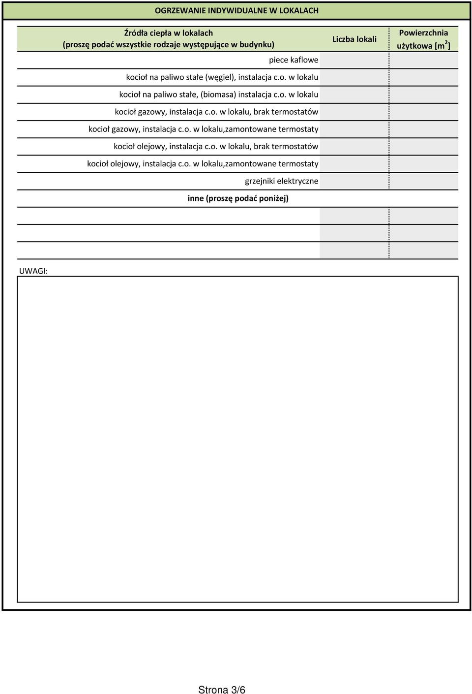 o. w lokalu,zamontowane termostaty kocioł olejowy, instalacja c.o. w lokalu, brak termostatów kocioł olejowy, instalacja c.o. w lokalu,zamontowane termostaty grzejniki elektryczne inne (proszę podać poniżej) Liczba lokali Powierzchnia użytkowa Strona 3/6