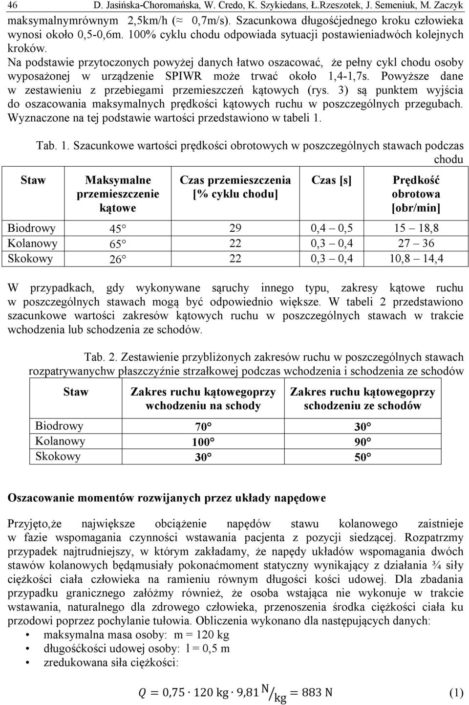 Na podstawie przytoczonych powyżej danych łatwo oszacować, że pełny cykl chodu osoby wyposażonej w urządzenie SPIWR może trwać około 1,4-1,7s.