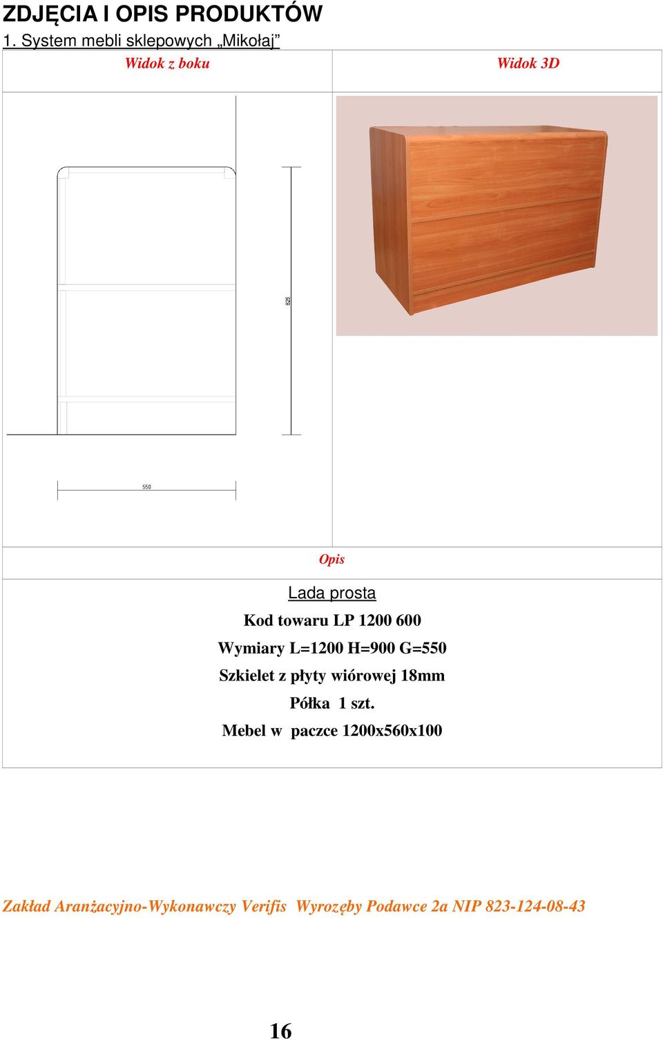 H=900 G=550 Półka 1 szt.