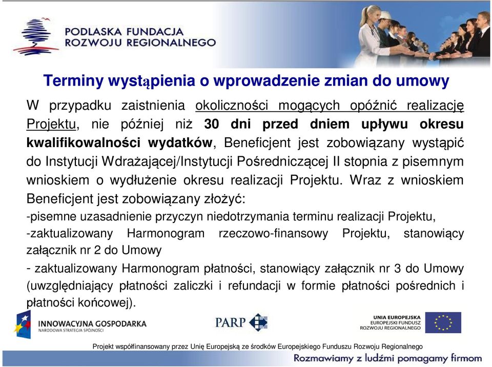 Wraz z wnioskiem Beneficjent jest zobowi zany z : -pisemne uzasadnienie przyczyn niedotrzymania terminu realizacji Projektu, -zaktualizowany Harmonogram rzeczowo-finansowy Projektu,