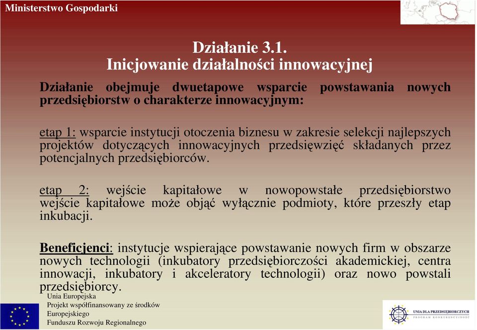 otoczenia biznesu w zakresie selekcji najlepszych projektów dotyczących innowacyjnych przedsięwzięć składanych przez potencjalnych przedsiębiorców.