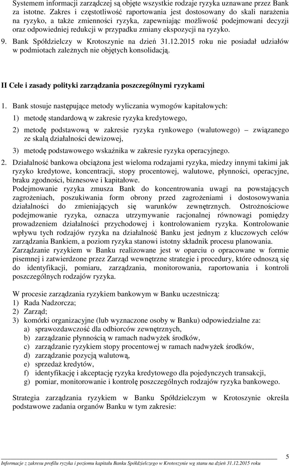 ekspozycji na ryzyko. 9. Bank Spółdzielczy w Krotoszynie na dzień 31.12.2015 roku nie posiadał udziałów w podmiotach zależnych nie objętych konsolidacją.