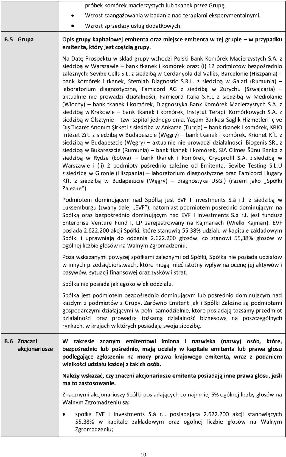 A. z siedzibą w Warszawie bank tkanek i komórek oraz: (i) 12 podmiotów bezpośrednio zależnych: Sevibe Cells S.L.