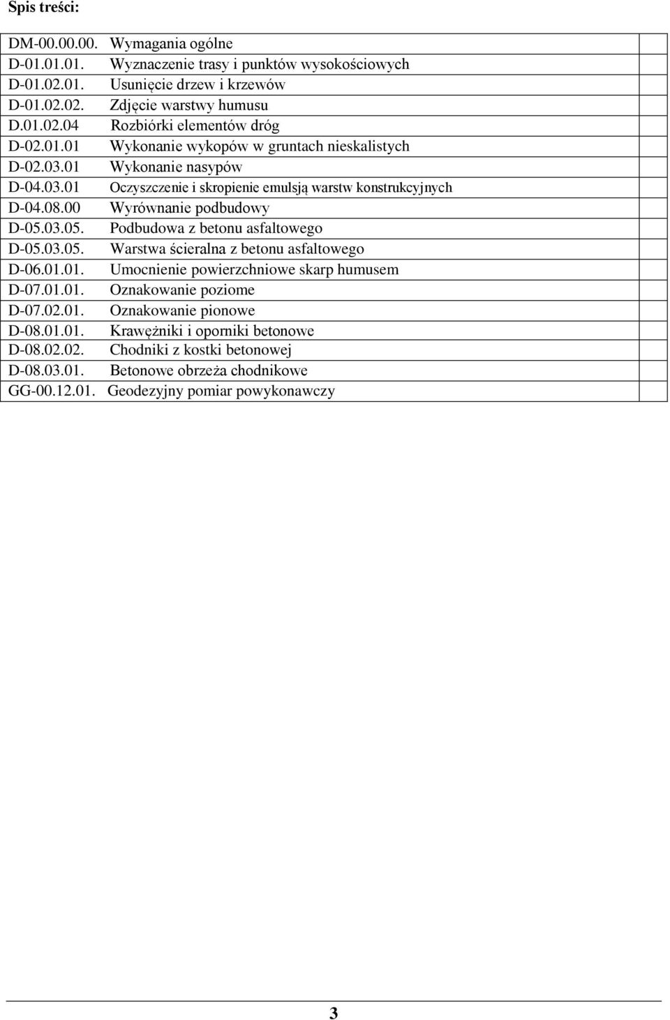 03.05. Podbudowa z betonu asfaltowego D-05.03.05. Warstwa ścieralna z betonu asfaltowego D-06.01.01. Umocnienie powierzchniowe skarp humusem D-07.01.01. Oznakowanie poziome D-07.02.01. Oznakowanie pionowe D-08.