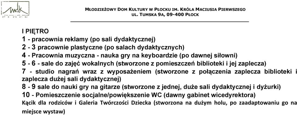 zaplecza biblioteki i zaplecza dużej sali dydaktycznej) 8-9 sale do nauki gry na gitarze (stworzone z jednej, duże sali dydaktycznej i dyżurki) 10 - Pomieszczenie