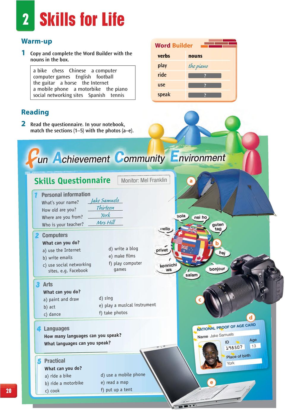 Reading 2 Read the questionnaire. In your notebook, match the sections (1 5) with the photos (a e).